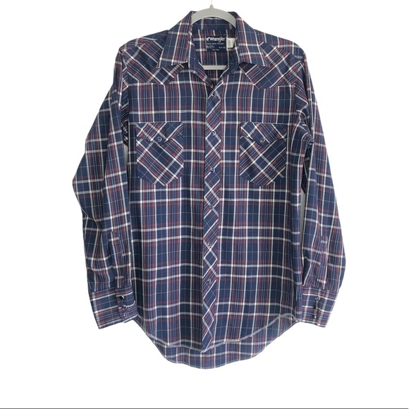 Wrangler Shirt Plaid Long Tails Purple Pearl Snaps Western - Picture 9 of 10